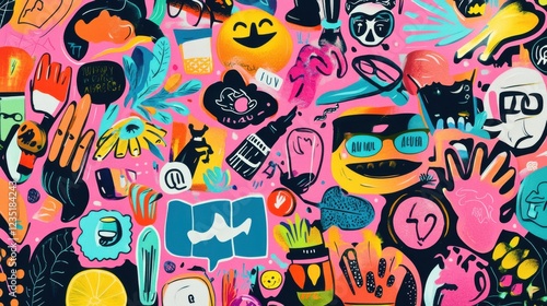 Vibrant and Playful Colorful Stickers on Pink Background Design