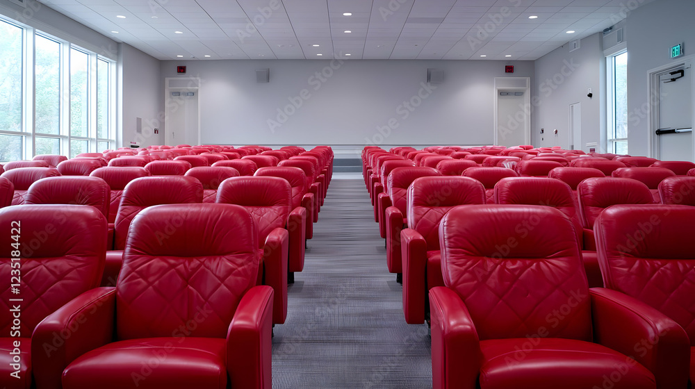 Red chairs in modern lecture hall, bright windows Red chairs in modern lecture hall, bright windows