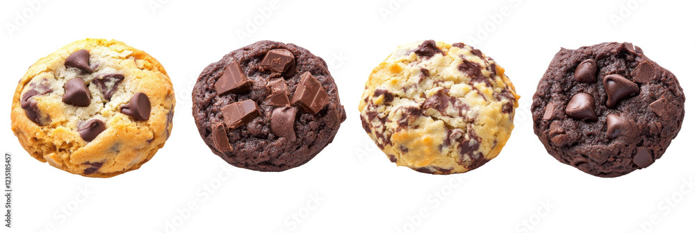 Assorted chocolate chip cookies in various flavors on transparent background png Assorted chocolate chip cookies in various flavors on transparent background png