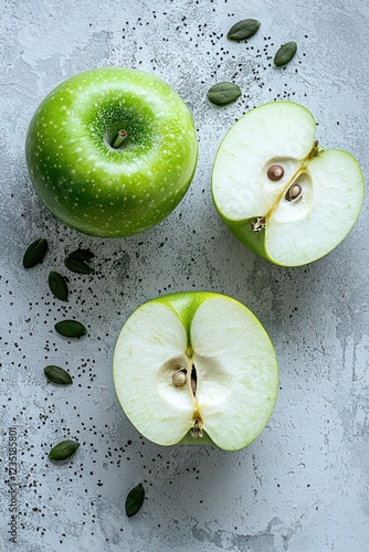 A green Granny Smith apple and half-sliced apple with seeds, isolated on white. Top view. Flat lay. photo