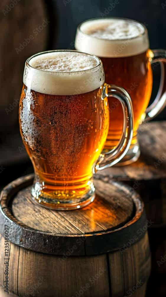 Freshly poured beer in glass mugs sits atop wooden barrels in a rustic setting Freshly poured beer in glass mugs sits atop wooden barrels in a rustic setting