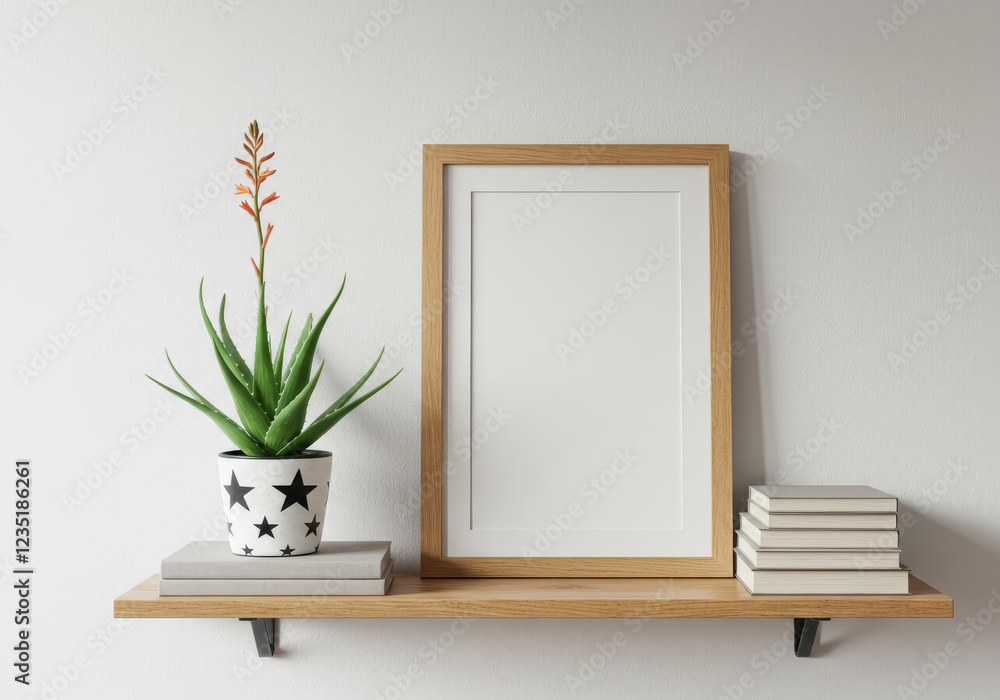 A wooden shelf mounted on a white wall, featuring a blank wooden frame at the center A wooden shelf mounted on a white wall, featuring a blank wooden frame at the center