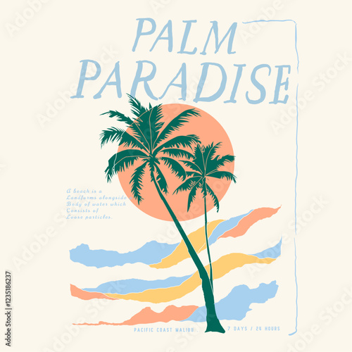 palm paradise. Palm tree summer beach t shirt print design, Vintage Retro sunset or sunrise. surfing with big wave.  beach club slogan print forpalm beach.