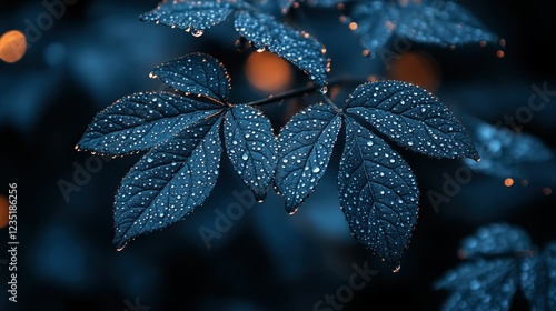 Dew-kissed leaves, dark moody forest, vibrant bokeh photo