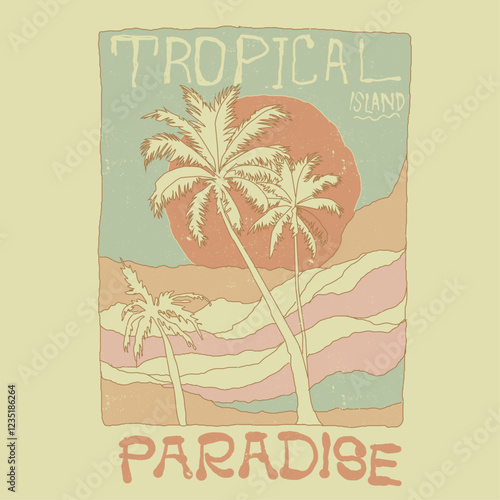 hand drawn beach print design. hand drawn palm tree with big waves sunset print design. spring summer t shirt design. sunset design. tropical summer paradise.  vintage retro fashion. girls graphics.