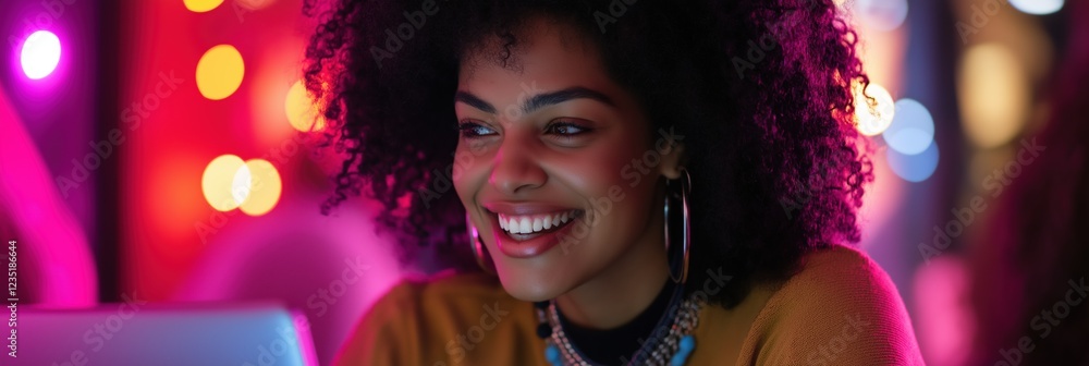 A woman with curly hair is smiling at the camera while using a laptop. The image has a warm and friendly mood, with the woman's smile and the bright colors of the background. The laptop is open A woman with curly hair is smiling at the camera while using a laptop. The image has a warm and friendly mood, with the woman's smile and the bright colors of the background. The laptop is open