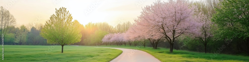 A road with trees on either side and a bright sun in the sky. The trees are pink and the sky is orange A road with trees on either side and a bright sun in the sky. The trees are pink and the sky is orange