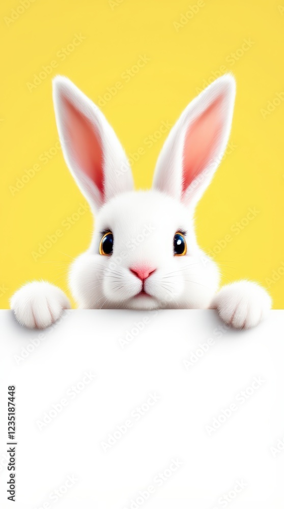 Obraz premium A playful Easter-themed design featuring a cute white bunny with fluffy fur and bright eyes peeking over a blank white banner