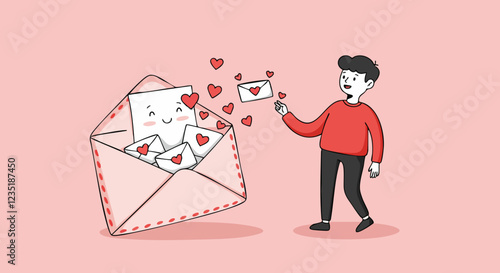 A cheerful cartoon character shares love letters with an oversized envelope, symbolizing affection and connection.