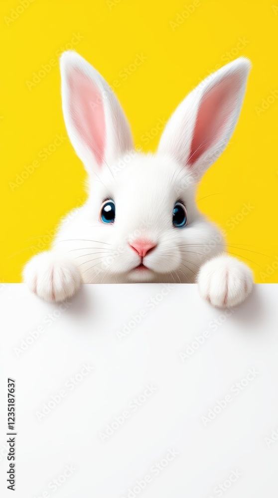Fototapeta premium A playful Easter-themed design featuring a cute white bunny with fluffy fur and bright eyes peeking over a blank white banner