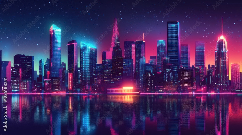 Fototapeta premium Vibrant Night Skyline with Neon Lights and Reflections on Water