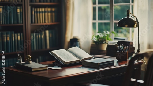 Wallpaper Mural A wooden desk with a book, lamp, and plant. Torontodigital.ca
