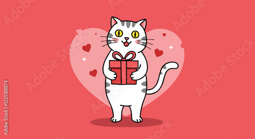 Adorable cartoon cat holding a gift against a heart-filled background, perfect for Valentine's Day greetings and love-themed designs.