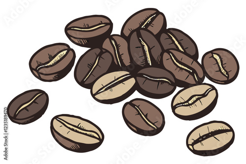  Photograph of 11 coffee beans arranged on a white background, high quality, jpeg artifacts, realistic, brown color, shiny texture, different sizes and shapes, some beans are whole and some are split,
