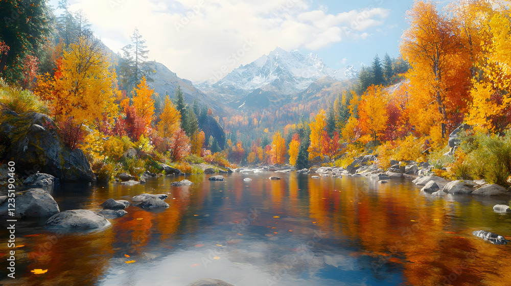 Obraz premium Autumnal mountain river valley reflection; nature background