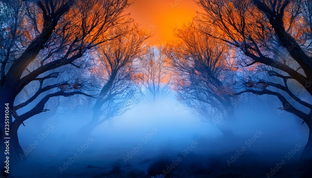 mysterious halloween history offering darkish twisted bushes and thick fog illuminated via blue and orange mild perfect for eerie and atmospheric halloween designs and promotions mysterious halloween history offering darkish twisted bushes and thick fog illuminated via blue and orange mild perfect for eerie and atmospheric halloween designs and promotions