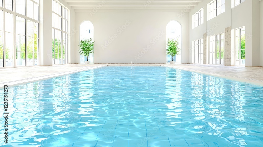 Fototapeta premium Indoor pool, bright sunlight, plants, white architecture, relaxation