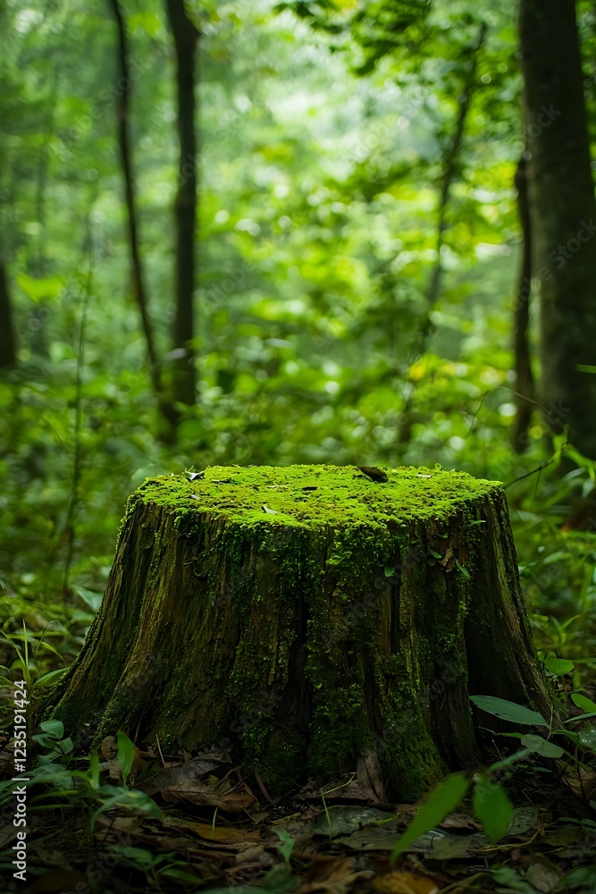 A vibrant green moss-covered tree stump standing amidst dense forest trees A vibrant green moss-covered tree stump standing amidst dense forest trees