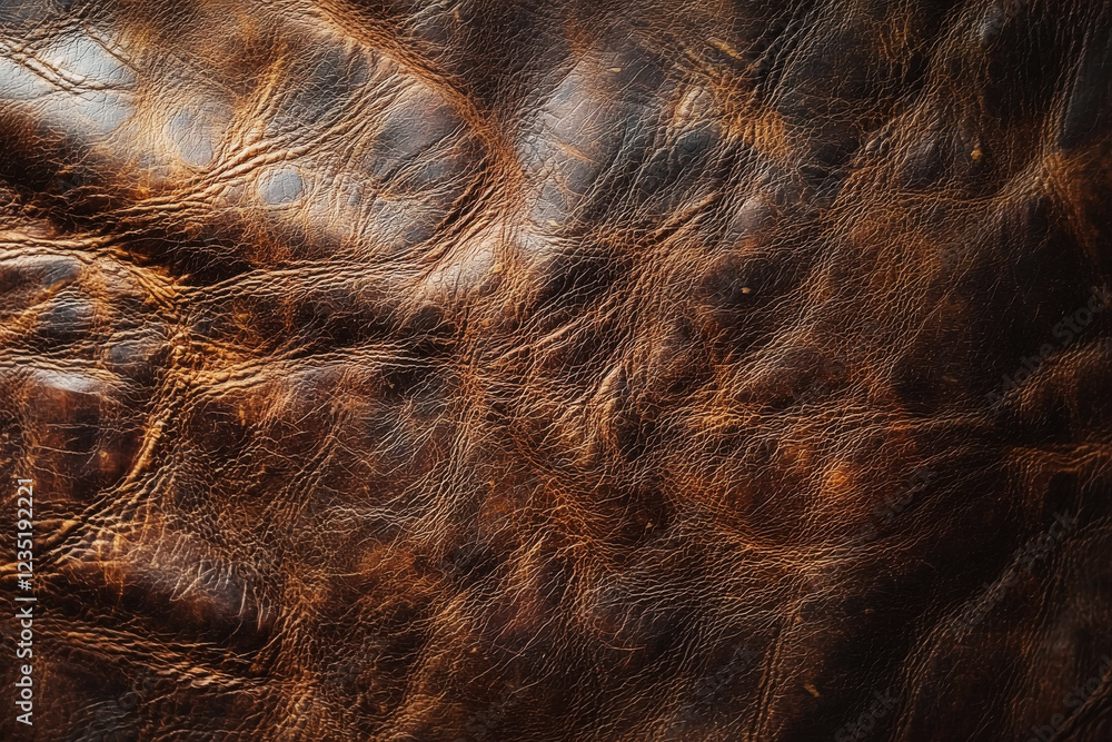 Naklejka premium Distressed leather surface showcases warm chestnut tones with scratches and fading, highlighting rustic charm and detailed texture