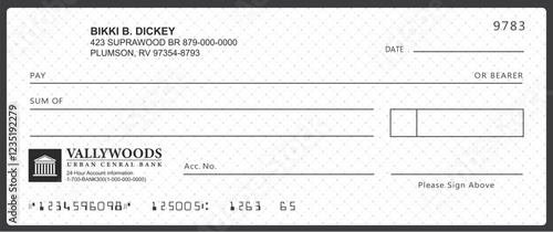 Bank check, vector blank money cheque, checkbook template with guilloche pattern and fields. Currency payment coupon, money check background	