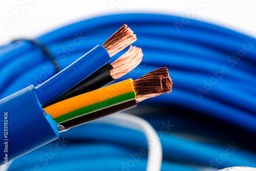 Various copper electrical wires isolated on white background. electrical wire on wire coils background