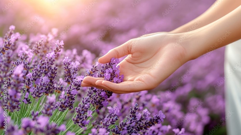 Naklejka premium Woman's hands touch lavender blossoms in a field at sunset