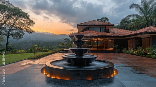 Stunning fountain at modern villa with mountain view at sunset photo