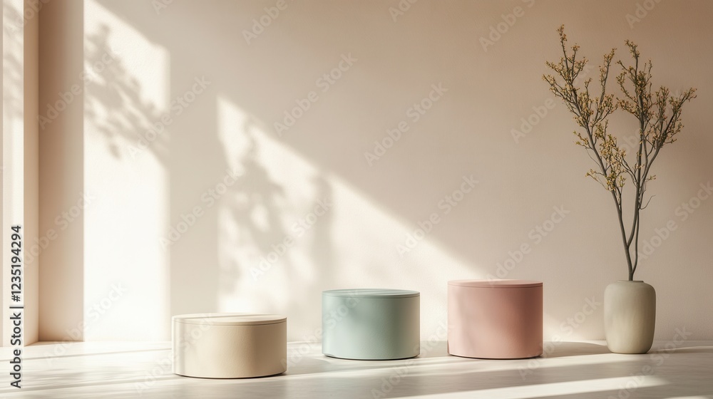 Soft Pastel Minimalist Decor with Round Tables and Flower Vase Soft Pastel Minimalist Decor with Round Tables and Flower Vase