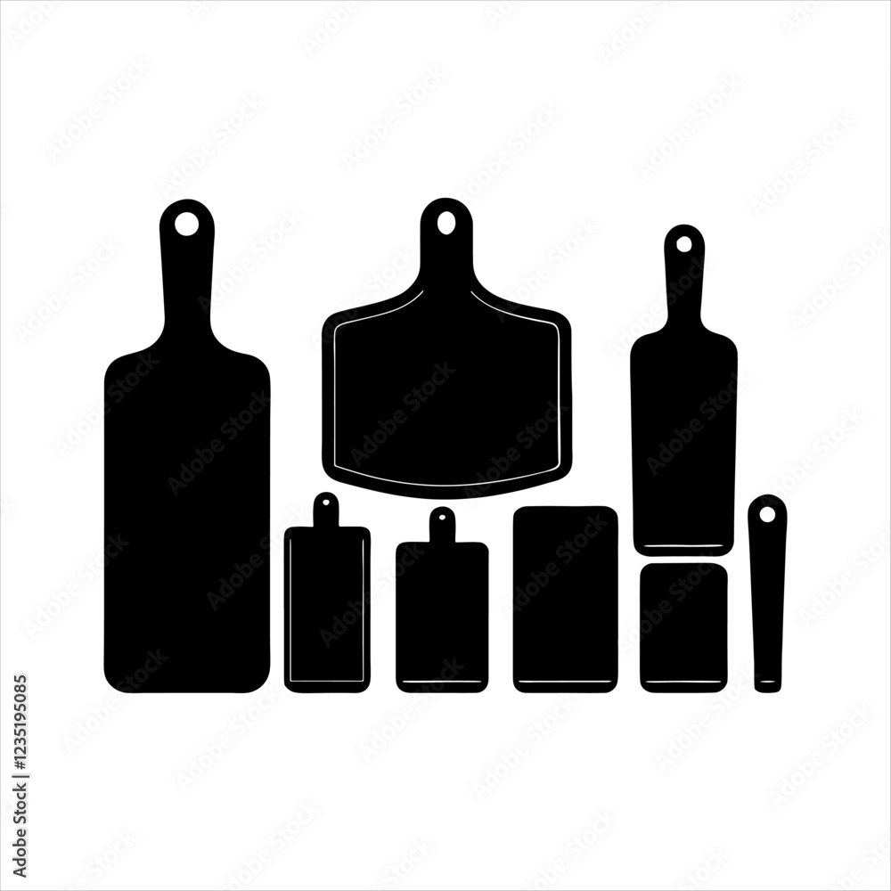 Set of Kitchen Cutting Boards Silhouette in various poses isolated on white background Set of Kitchen Cutting Boards Silhouette in various poses isolated on white background