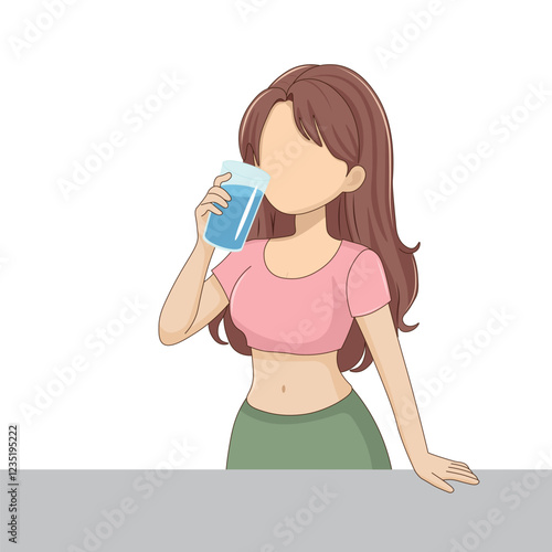 Cartoon girl drinking water from a glass, faceless illustration, healthy lifestyle, isolated on white, flat style