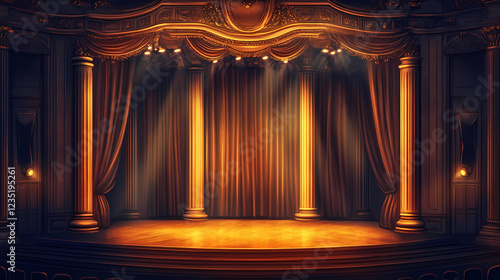 Illuminated grand theater stage, ornate columns, closed curtains, spotlights, empty. Baroque Drama. Illustration