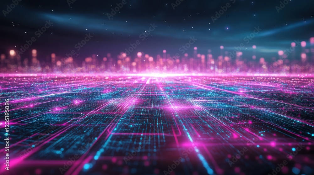 Obraz premium Futuristic Digital Landscape with Neon Grid and Starry Skyline