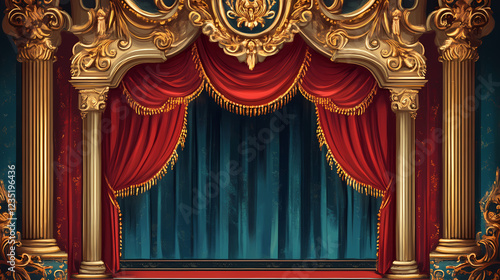 Ornate stage with red curtains and gold accents. Baroque Drama. Illustration