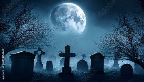 spooky halloween background eerie misty graveyard scene complete moon haunted bushes darkish atmospheric digital artwork illustration photo