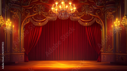 red closed golden curtains stage