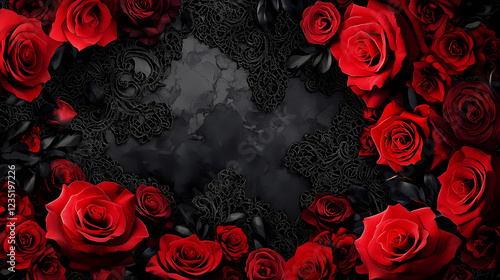 Red roses and black lace design with dramatic and elegant aesthetic. Baroque Drama. Illustration