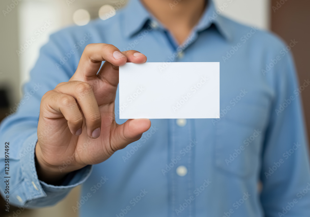 A close-up view of a person in a blue shirt holding a blank white business card in their hand A close-up view of a person in a blue shirt holding a blank white business card in their hand