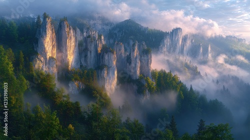 Fototapeta Naklejka Na Ścianę i Meble -  Sunrise over misty mountain peaks