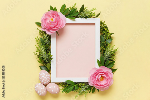 White Isolated frame adorned with pink flowers and greenery, Easter Mockup
