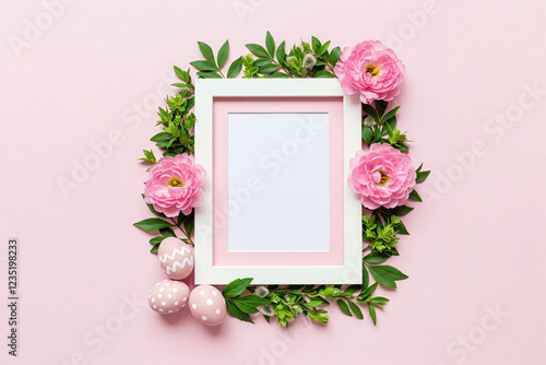 White Isolated frame adorned with peony flowers and greenery, Easter Mockup