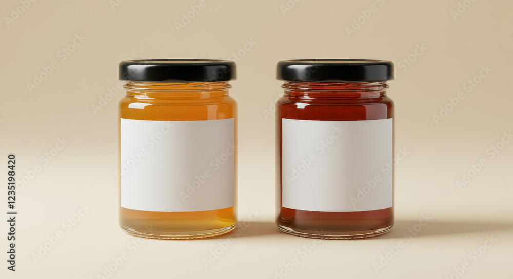 Two small glass jars filled with honey one light amber and the other darker in shade Two small glass jars filled with honey one light amber and the other darker in shade