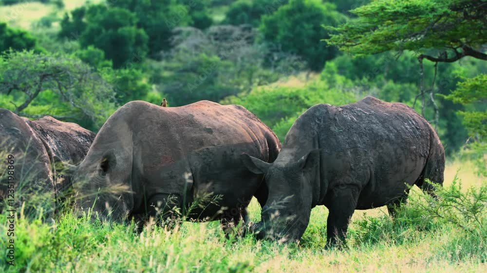 A herd of African rhinoceros grazing in Savanah. A herd of African rhinoceros grazing in Savanah.