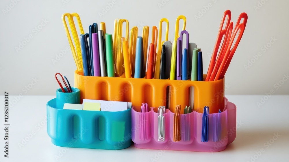 Fototapeta premium A set of three plastic containers holding various office supplies.