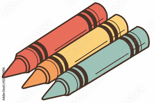 Colorful wax crayons, vibrant hues, red orange yellow teal, sharp points, lined up, close-up photography, white background, art supplies, children's drawing tools, simple composition, macro shot, smoo