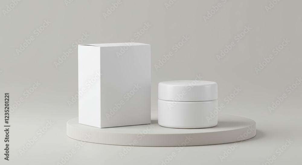 A clean and minimalist product display featuring a white jar with a matching blank box A clean and minimalist product display featuring a white jar with a matching blank box