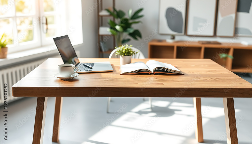 Fototapeta premium Wooden desk with an open book, a laptop, and decor in a bright and airy home office, highlighting productivity and simplicity.