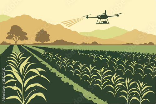 Drone flying over agricultural field, misty morning light, lush green crops, precision farming, cinematic landscape, golden hour, mountain silhouettes in background, advanced agricultural technology, 