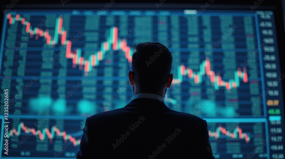 Professional trader analyzing financial market trends during evening hours in a modern office environment with digital displays Professional trader analyzing financial market trends during evening hours in a modern office environment with digital displays
