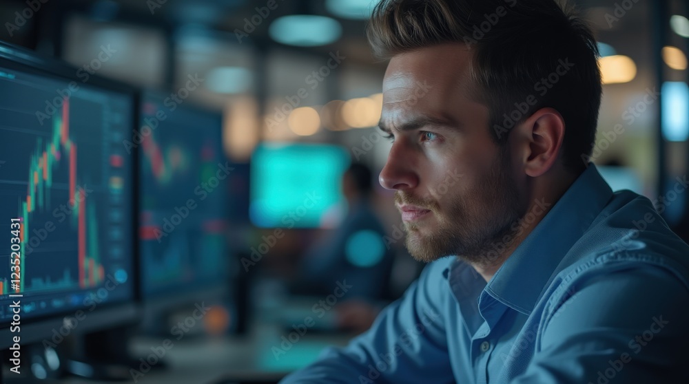 In a vibrant and bustling financial office late at night, a dedicated trader is deeply engrossed in analyzing stock market trends and data In a vibrant and bustling financial office late at night, a dedicated trader is deeply engrossed in analyzing stock market trends and data