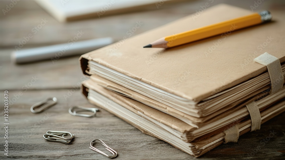 Stationery Items: Notebooks and a Yellow Pencil on Wooden Table Stationery Items: Notebooks and a Yellow Pencil on Wooden Table